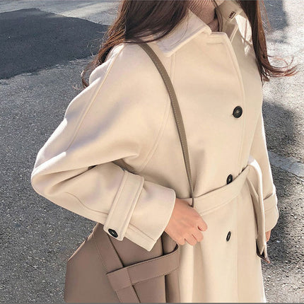 New Winter Student Korean Style Harajuku Style Mid-Length Waist Lace-Up Woolen Outwear for Women Ins Autumn Woolen Outwear