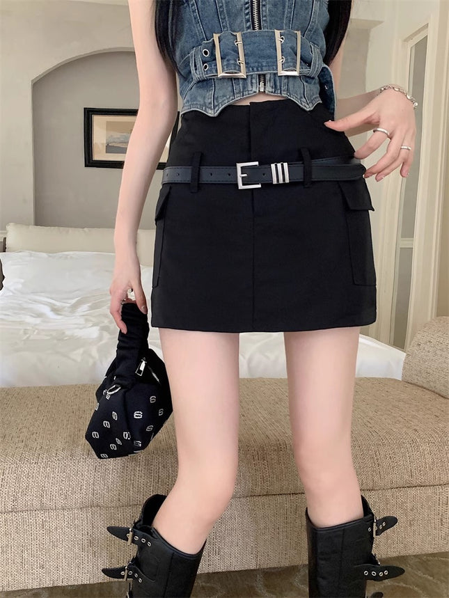 European and American Spice Girl High Waist Short Skirt Hip Skirt Belt Decorative Pocket Workwear Anti-Drain Safety Pants Small Skirt
