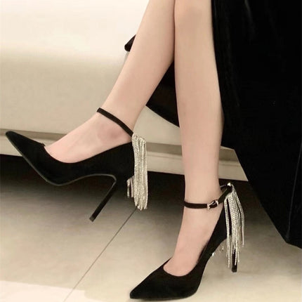 Wholesale Rhinestone Tassel High Heels, Shallow Mouth Strap High Heels, Niche Design Pointed Toe Tassel High Heels
