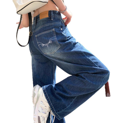 Dark Blue American Wide-Leg Jeans for Women 2025 New High-Waist Slimming Embroidered Loose Floor-Length Straight Pants Trendy