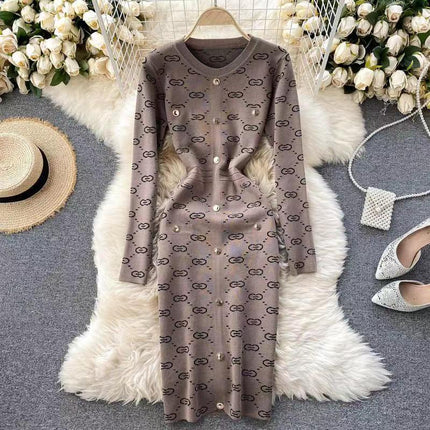 2025 Autumn/Winter Korean and Japanese Style Elegant Long Sleeve Slim Fit Versatile Bodycon Sweater Knit Dress 6241