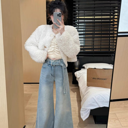 Spring 2025 New Arrival High Waist Fashionable Stretch Wide Leg Jeans Women's Retro Loose Slim-fit No-leg Mop Pants