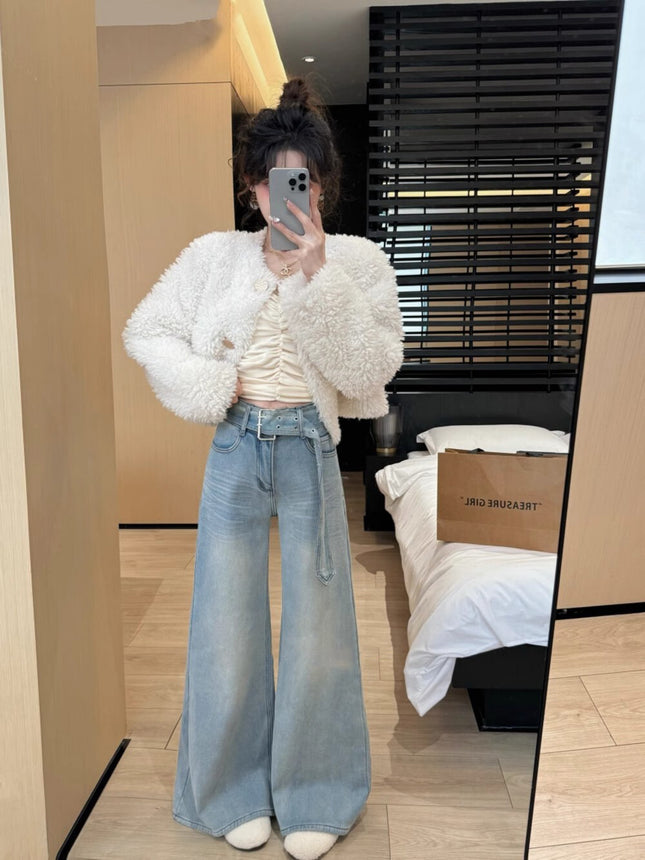 Spring 2025 New Arrival High Waist Fashionable Stretch Wide Leg Jeans Women's Retro Loose Slim-fit No-leg Mop Pants