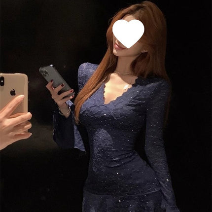 Pure Desire Sexy V Neck Trumpet Long-Sleeved Waist Slimming Look Heavy Lace Dress with Suspender Bottoming Set