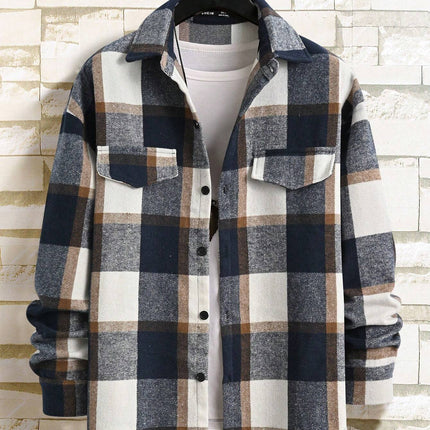 25 Amazon European and American Cross-Border Temu Elegant Lapel Checkered Men's Shirt Retro Brushed Casual Long-Sleeved Jacket