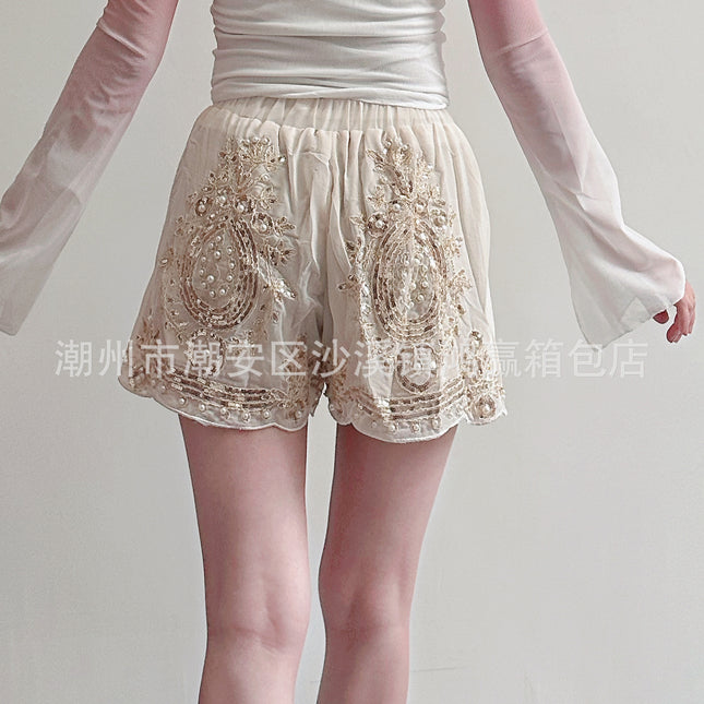 European and American Trendy Retro Fashion Casual Pants Chiffon Elastic Waist Shorts Heavy Sequin Beaded Wide-Leg Pants for Women