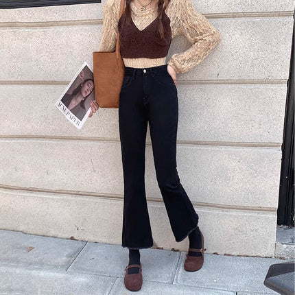 Black Fur Edge Micro-flare Jeans Women's Trendy All-match New High Waist Slimming Slim-fit Hip-lift Horseshoe Long Pants