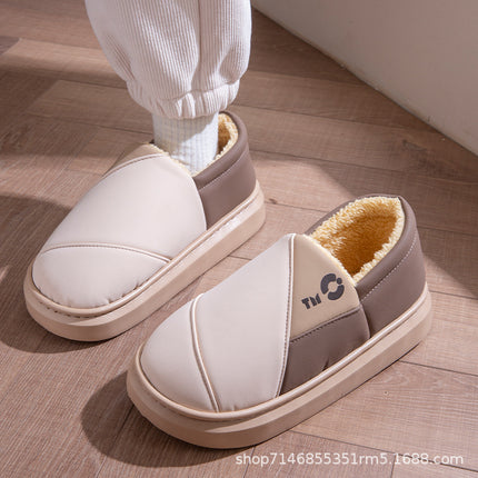 New Leather Waterproof Cotton Slippers for Women in Winter Indoor Thick-Soled Warm Home Fleece-Lined Bag and Couple Wool Slippers for Men