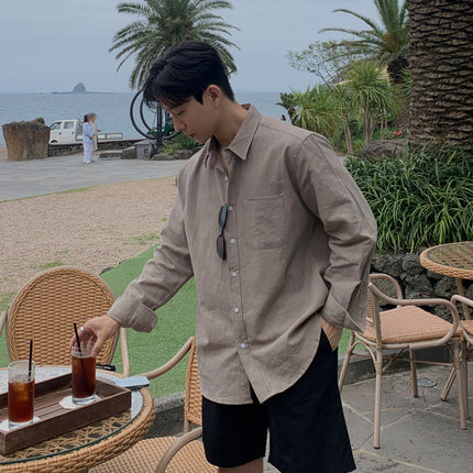 Linen Long-sleeved Shirt Men's Autumn Korean Style Vintage Light Cooked Style Casual Non-ironing Shirt Lightweight Sunscreen Top Trendy