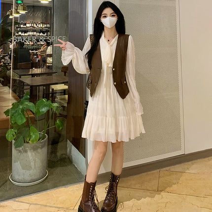 plus size chubby girl autumn new waist slimming French sweet long sleeve dress women's leather jacket two-piece set