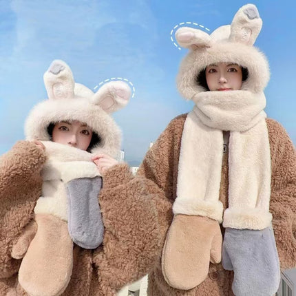 Rabbit Ears Hat Scarf All-In-One Hat for Women Winter Cute Plush Furry Animal Plus Scarf Two-Piece Hat
