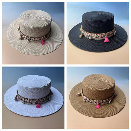 Bohemian Cowboy Style Flat-Top Straw Hat for Women's Summer Travel and Vacation Sun Protection Hat for Shopping and Versatile Flat-Brimmed Hat