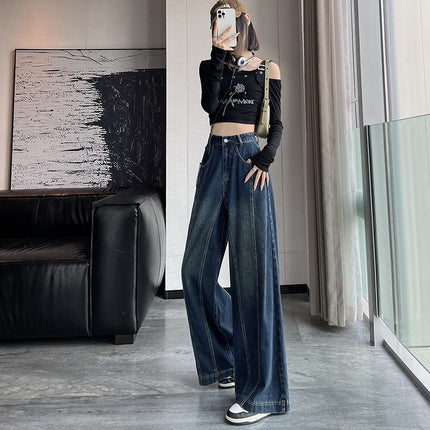 Japanese and Korean fashion retro high waist Denim wide leg pants cross-border women's clothing New loose design sense mop pants fashion