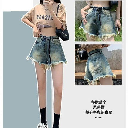 American Retro Raw Edge Denim Shorts 2025 Summer Hot Girl New Design High Waist Slimming Wide Hot Pants