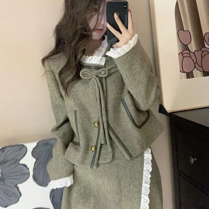 Chanel Style suit Women's Autumn and Winter Woolen Lace Short Coat High Waist Skirt High-grade Small Dress Two-piece Set