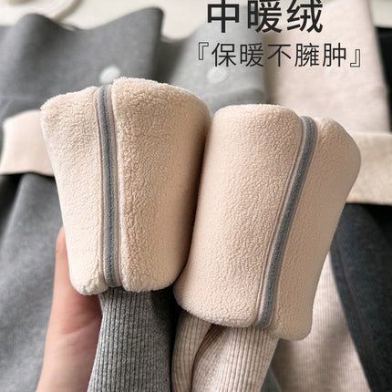 Lamb Wool Thermal Leggings for Women, Winter Fleece-Lined Thick High-Waisted Ribbed Slimming Stretchy Tight Cotton Pants