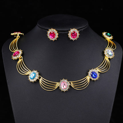 Cross-Border Gemstone Necklace, Artistic Retro Medieval Court Jewelry, Fan-Shaped Aesthetic Internet Celebrity Style Necklace and Earrings Set