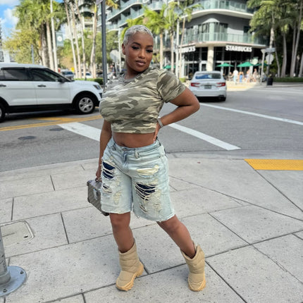M80306 Cross-Border New Style European and American Fashion Street Trendy Washed Distressed Patchwork Five-Point Denim Shorts
