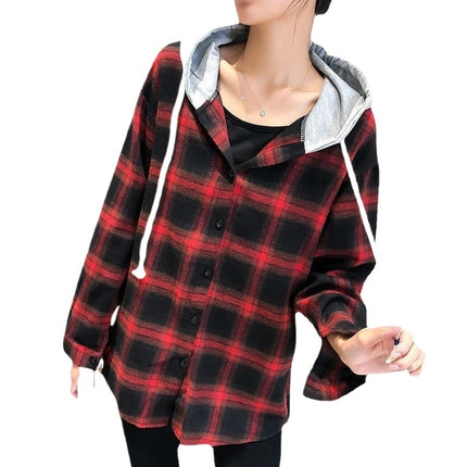 2024 Korean version of hooded bf loose plaid long sleeve shirt women can be shipped season new Harajuku student shirt coat