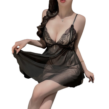 Pure Lust Style Suspender Nightgown, Transparent Lace Sexy Pajamas, Large Size Sexy Open-Bed Passionate No-Take-Off Pajamas for Women
