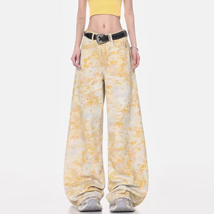 Summer Tie-Dye Printed Light Blue Wide-Leg Jeans for Women 2025 New High-Waisted Drapey Straight-Leg Petite Floor-Length Pants