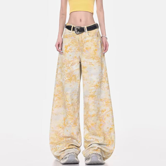 Summer Tie-Dye Printed Light Blue Wide-Leg Jeans for Women 2025 New High-Waisted Drapey Straight-Leg Petite Floor-Length Pants