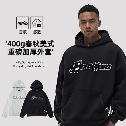 Amazon American-Style Heavyweight Fleece-Lined Hooded Sweatshirt with Towel Embroidery for Men, Winter Trendy High Street Couple's Jacket