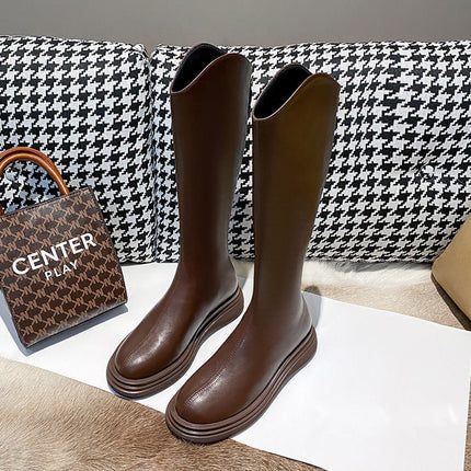 Fashionable and Elegant Long Slim Boots with Back Zipper, Knee-High Thick-Soled High Boots, 2025 Spring New Plush Women's Boots