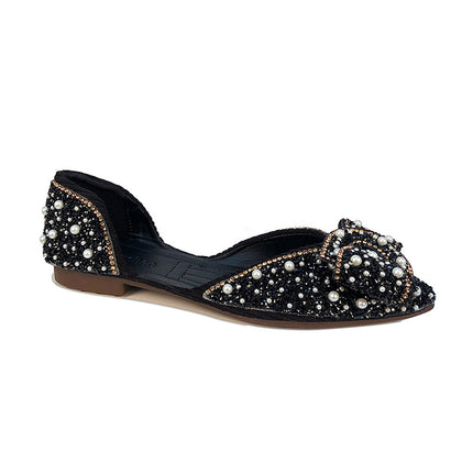 Flat Shoes for Women 2025 Spring and Summer New Retro Shallow Mouth Pointed Toe Soft Bottom Bean Shoes Bow Rhinestone Scoop Shoes