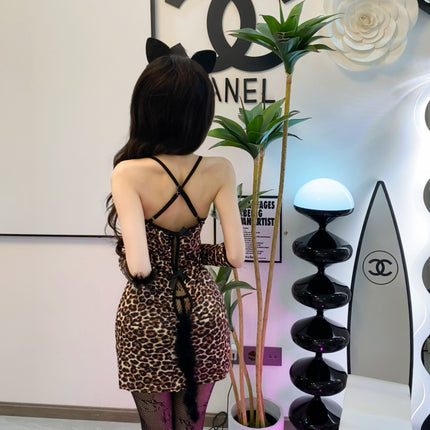 Half-Sugar Box Sexy Lingerie Pure Desire Cute Leopard Print Hip Skirt Uniform Suit No Need to Take Off Pajamas Qqny