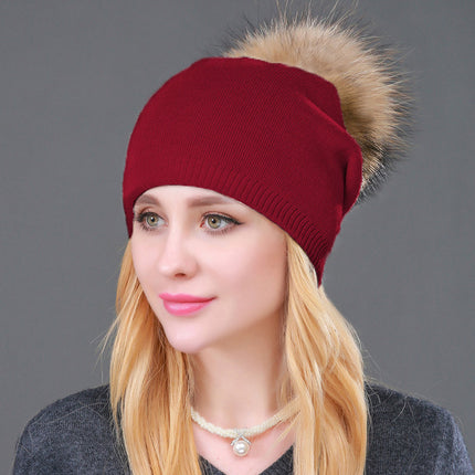 Foreign trade cross-border autumn and winter women's knitted wool cap fur raccoon ball warm wool cap fashion ladies pullover cap