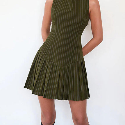 2025 spring European and American-style cross-border round neck sleeveless ladies pinstripe mini pleated skirt dress