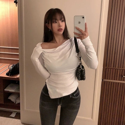 South Korea Dongdaemun Spring and Summer New Temperament Irregular Design Hollow Shoulder Slim Figure Long Sleeve T-shirt