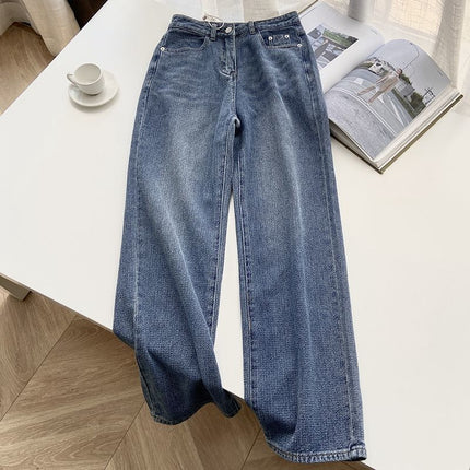 American Retro Blue Straight-Leg Jeans for Women, Spring & Fall Design, Niche High-Waisted Loose Wide-Leg Floor-Length Pants