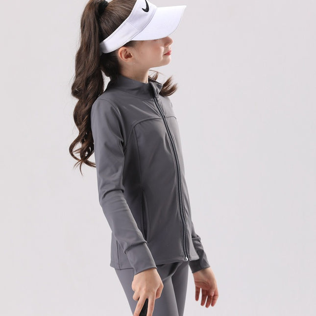 European and American Autumn and Winter New Girls Children's Long Sleeve Zipper Jacket Outdoor Sports Training Yoga Clothing Fitness Top