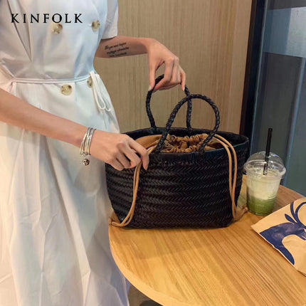 PU Hand-Woven Tote Bag Brown Black Coffee / Sac Tote Tressé PU Marron Noir Café