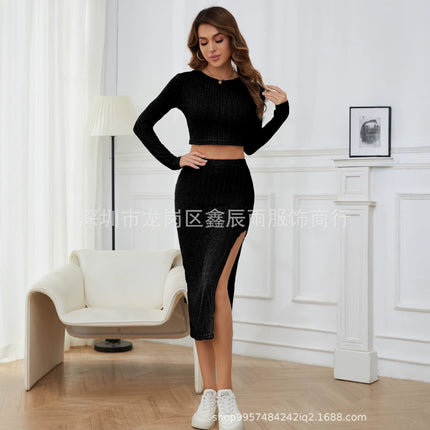 Factory Direct Sales 2025 Slim-Fit Fashionable Solid Color Ribbed Women's Round Neck Long-Sleeve Side-Slit Skirt Set