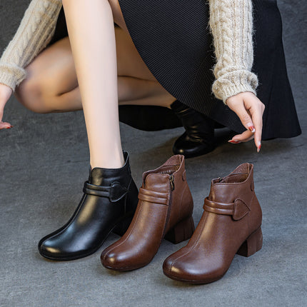 Women's Boots 2025 Autumn and Winter New Style Thick Medium Heel Soft Sole First Layer Cowhide Fleece-Lined and Cotton Short Boots for Middle-Aged and Elderly Women
