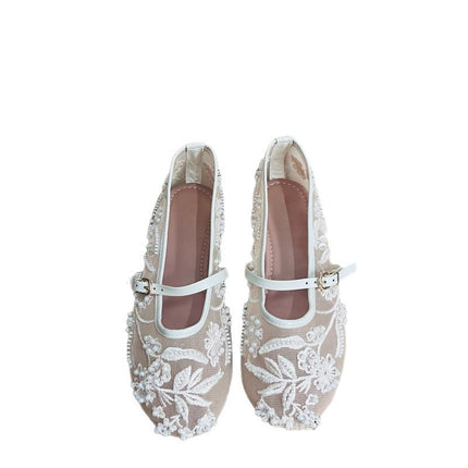 ZA new summer new fashion round toe flat shoes retro style mesh pearl embroidery mesh ballet shoes