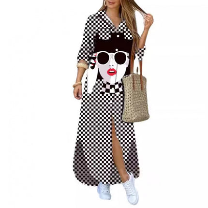 Amazon AliExpress Cross-border Women's New Fashion Long Sleeve Printed Shirt Dress Long dress