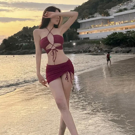 European and American 2025 New Swimsuit Women's Pure Color Triangle Split Three-Piece Sexy Cut Out Halterneck Slimming Look Hot Spring Swimsuit