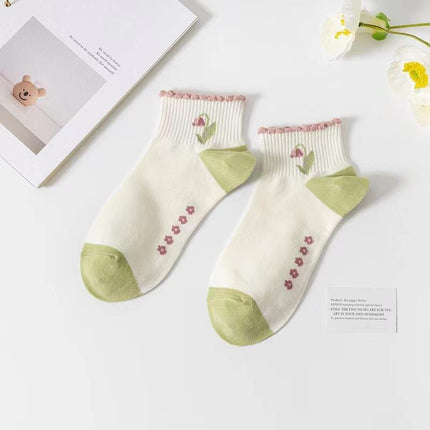 Women's Green Short Socks, Boat Socks, Short Socks, College Style, Casual Versatile Summer Thin Socks