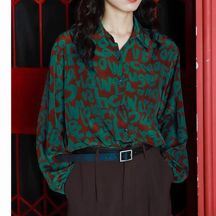 Personalized Printing ~ Retro Elegant Niche Hong Kong Style Long-Sleeved Shirt for Women Spring & Fall New Loose Casual Lapel Shirt