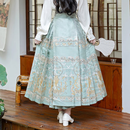 2025 Xiangyunsha Women's Chinese Style Hanfu Satin Water Green Wave Brocade Maqian Skirt One-Piece Half Skirt