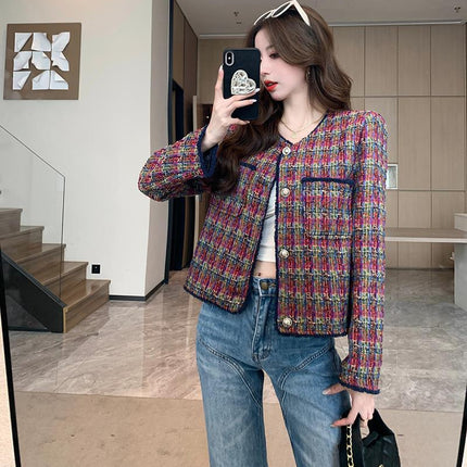2026 Real Shot Wine Red Contrast Plaid Woven Short Jacket in Chanel Style Elegant Lady's Top