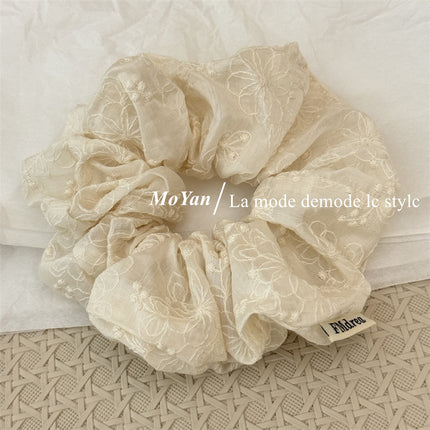 Artistic Retro Cotton Lace Embroidered Large Intestine Hair Ring Hand-made High-grade Beige Hair Rope Head Flower Elegant Tie Rope