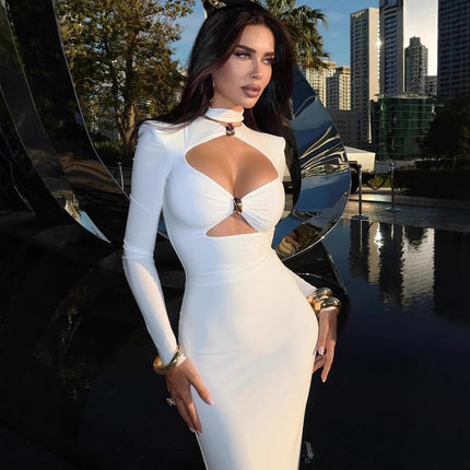 2025 European and American Cross-Border Women's Long-Sleeved Pure Color Cut Out Fashion Sexy Elegant Dress Slim Simple Dress Trend