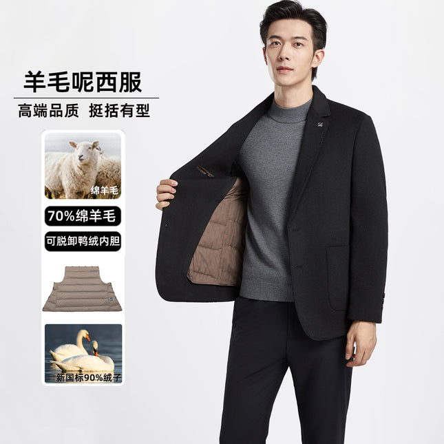 Men's Business Casual Suit Jacket Autumn and Winter Classy Thickeneded Removable down Double-Sided Woolen Outwear