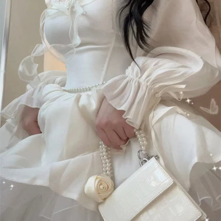 2026 Autumn Korean-Style Girl Group Dress with a Stylish Square Neckline, Waist-Cinching Design, Slimming Effect, Flared Sleeves, and Puffy Gown Dress