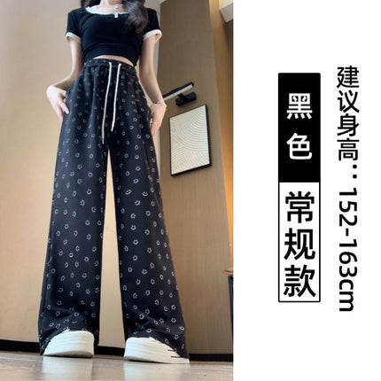 Grey Smiley Print Straight Leg Wide Leg Pants Women's Spring and Autumn New High Waist Dumping Sports Pants Loose Slimming Casual